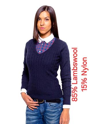 Шикарный шерстяной пуловер вязка коса синего цвета gant с добавлением нейлона