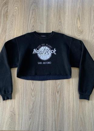 Женский винтажный укороченный свитшот с нашивкой hard rock cafe san antonio