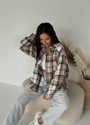 Сорочка тепла оверсайз в клітинку в клітку беж бежева