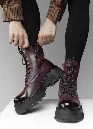 Черевики берці на шнурівці зима колір бордо з затемненим носиком