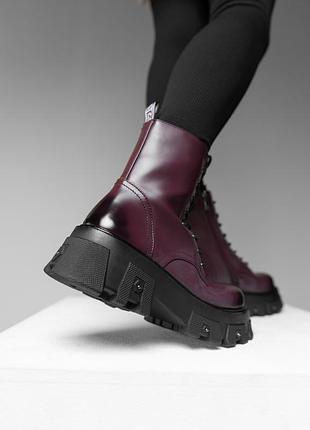 Черевики берці на шнурівці зима колір бордо з затемненим носиком