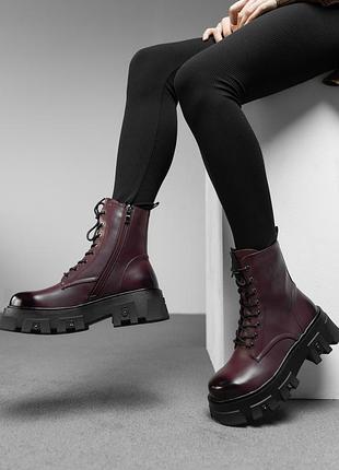 Черевики берці на шнурівці зима колір бордо з затемненим носиком