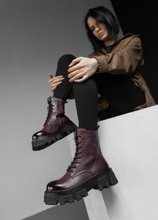 Черевики берці на шнурівці зима колір бордо з затемненим носиком