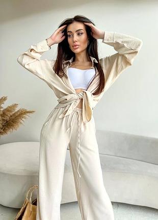 Бежевий костюм двійка 💕 костюм двійка 💕 костюм сорочка та штани креп 💕 жіночий літній костюм