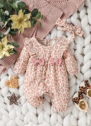 Леопардовый хлопковый повседневный комбинезон 1-3месяцы