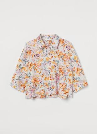 Льняная цветочная оверсайз рубашка h&amp;m в цветах розовая укороченная женская летняя весенняя