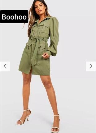 Платье женское зеленого цвета с поясом на пуговицах от бренда boohoo s