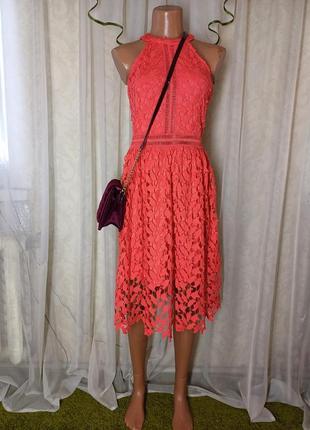 Новое шикарное платье миди в дорогое кружево в коралловом цвете, размер с-ка1 фото
