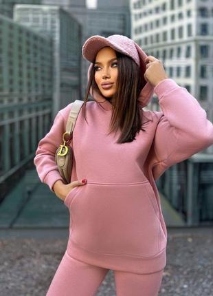 Спортивний костюм жіночий базовий теплий флісовий на флісі бежевий зелений осінній на осінь демісезонний з капюшоном якісний турція