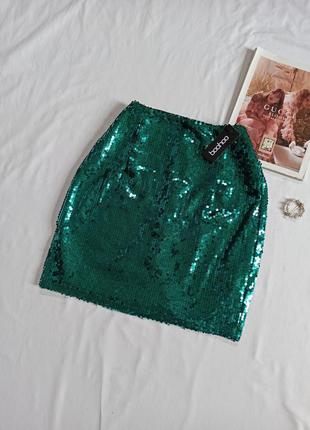 Зеленая юбка мини в пайетки/блестящая3 фото