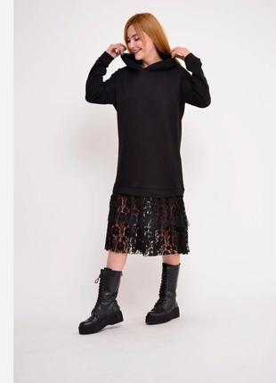 Платье миди трикотажная свитшот черная с капюшоном оверсайз2 фото