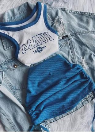 Костюм в рубчик майка вкорочена топ на широких бретелях спідниця міні із зав'язками юбка коротка комплект білий оранжевий блакитний чорний2 фото