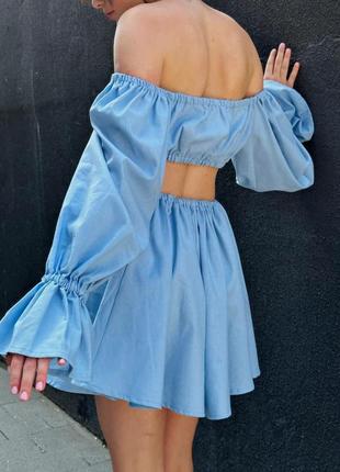 Льняное платье мини с вырезами по бокам короткое с длинными рукавами платье с открытыми плечами стильное базовое розовое голубое6 фото