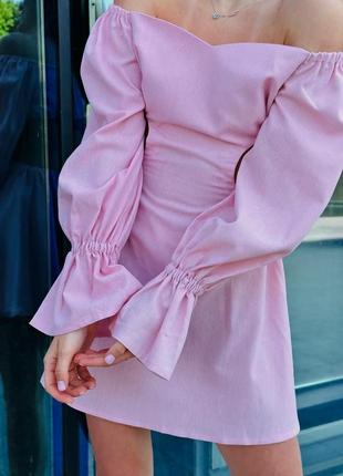 Лляна сукня міні з вирізами по боках коротка з довгими рукавами плаття з відкритими плечима стильна базова рожева блакитна10 фото