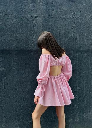 Лляна сукня міні з вирізами по боках коротка з довгими рукавами плаття з відкритими плечима стильна базова рожева блакитна3 фото