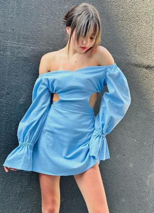 Льняное платье мини с вырезами по бокам короткое с длинными рукавами платье с открытыми плечами стильное базовое розовое голубое1 фото