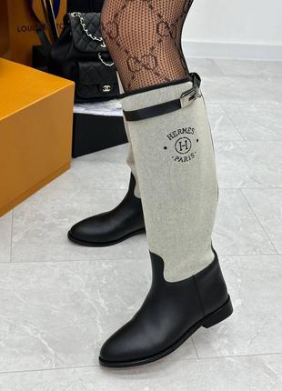 Сапоги в стиле hermes кожа беж черные