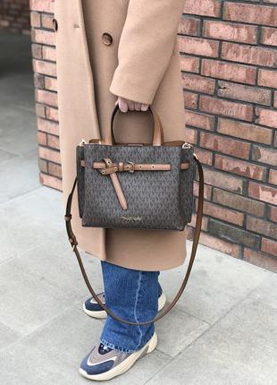 Сумка жіноча michael kors оригінал emilia small logo satchel коричнева в лого4 фото