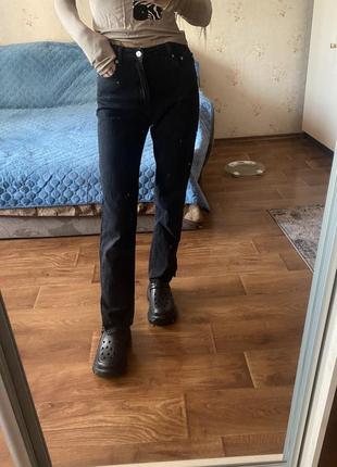 Джинсы палаццо wide leg черные плотные внизу разрезы
