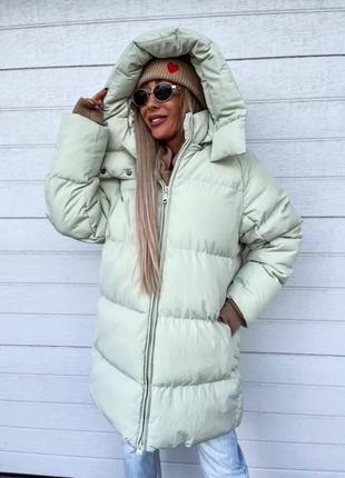 Куртка жіноча довга подовжена пуховик з капюшоном стьобана тепла базова осіння на...