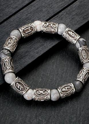 Браслет із рунами з авторським дизайном у стилі вікінгів «silver runes» натуральні камені