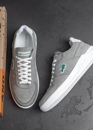Чоловічі шкіряні сірі кросівки преміум якості в стилі lacoste