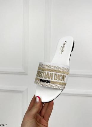 ▪️сланцы christian dior кристиан диор женские новые лето босоножки танкетка шлепки шлепанцы слайдеры белые золото текстиль текстильные шлёпанцы шлёпки