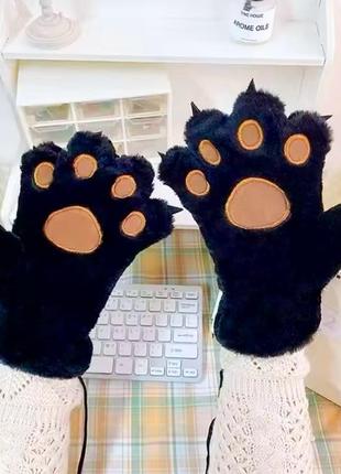Варежки теплые меховые "кошачьи лапки" (кошка, лапа, когти, квадробика, косплей,...