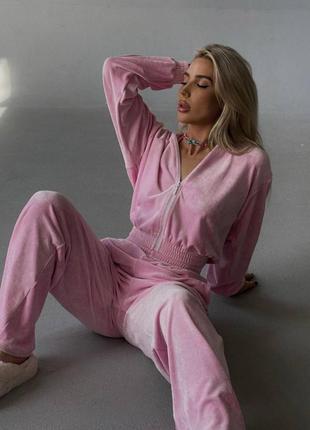 🌿велюровый костюм: брюки свободного кроя и укороченное худи