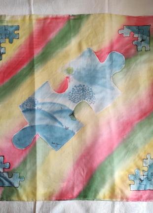 Винтажный шелковый платок "пазлы", батик, роуль, 89*86 см.
