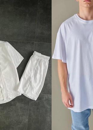 Костюм льон рубашка шорти білий + футболка овер біла