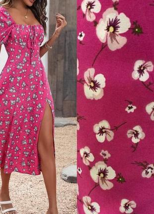 Сукня міді з розрізом по ніжці приталена з короткими рукавами плаття з квітковим принтом сарафан стильна жовта рожева біла чорна блакитна6 фото