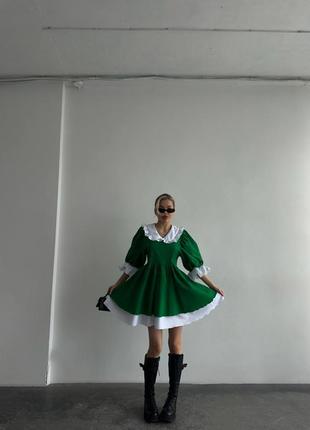 Женское укороченное короткое зеленое мини платье с белым воротничком в стиле baby doll1 фото