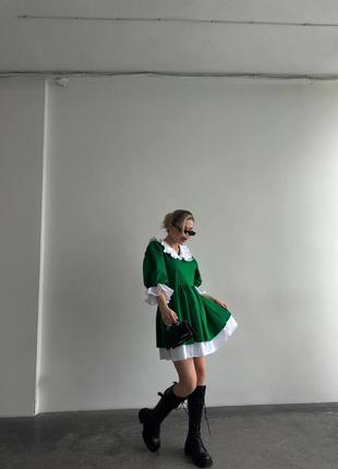 Женское укороченное короткое зеленое мини платье с белым воротничком в стиле baby doll3 фото