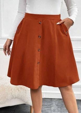 Терракотовая женская юбка миди с пуговицами пышная юбка с карманами2 фото