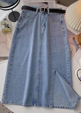 Длинная джинсовая юбка с разрезом, в комплекте с ремешком, в 4-х цветах✨ базовый, универсальный вариант на каждый день4 фото