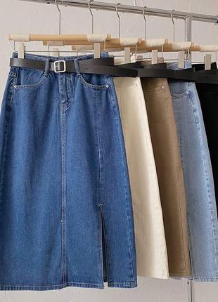 Довга джинсова спідниця із розрізом, в комплекті з ремінцем, у 4 кольорах✨ базовий, універсальний варіант на кожен день1 фото