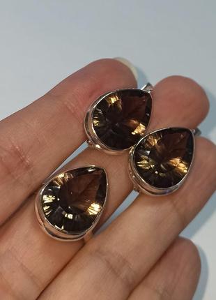 Комплект, серьги и кольца с рау кто-топаз. рау кто-топаз в серебре. дымчатый кварц.