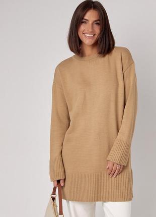 Жіноча в'язана туніка oversize із розрізами з боків - світло-коричневий цвет, l (є розміри)
