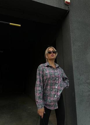 Сорочка варена у клітинку подовжена вільна на гудзиках рубашка рожева помаранчева бордова сіра базова трендова стильна