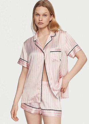 Сатинова піжама з шортами victoria's secret satin short pj set, рожева в смужку