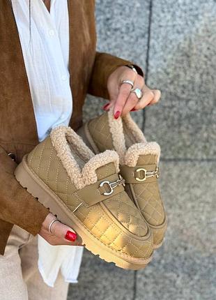 Розпродаж утеплені стьобані лофери єврозима кольору капучино всередині хутро