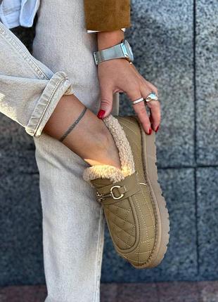 Розпродаж утеплені стьобані лофери єврозима кольору капучино всередині хутро