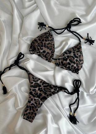 Леопардовый раздельный купальник бикини с завязками10 фото