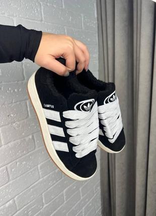 Зимние мужские кроссовки adidas campus black white адидас кампус черного с белым цветом с мехом