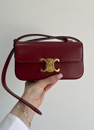 Celine shoulder bag claude in shiny calfskin burgundy, жіноча шкіряна сумка, женская кожаная сумка