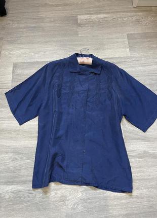 Мужская тенниска рубашка натуральный шелк синяя с вышивкой