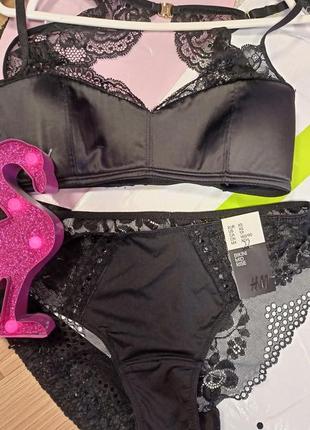 Комплект h&m 70-75b/xs атлас+кружево 🖤🩷