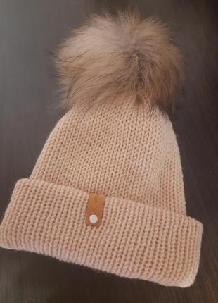 Женская вязаная шапка ручной работы, натуральный мех енота &lt;unk&gt; woollyjoy