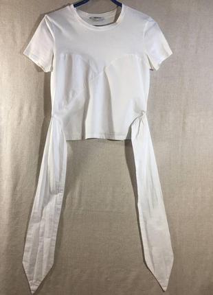 Белая комбинированная блуза-футболка с завязками5 фото